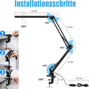 LED Desk Lamp, Swing Arm Desk Lamps with Clamp, Eye-Care Architect Desk Lights, 3 Color Modes & 10 Adjustable Brightness Levels, Table Lamps with Memory Function, Desk Lamp for Home Office(Black)