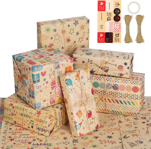 Simpeak 6PCS Wrapping Paper for Birthday, 70 ∗ 50 Cm Wrapping Paper for Children with 20M Kraft Paper Rope, Double-Sided Adhesive Tape and Sticker