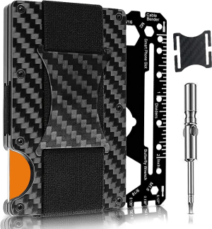 Minimalist Card Holder, Carbon Fiber Wallet Cash Strap – RFID Blocking – Complete Gift Set for Men Including Bottle Opener Screwdriver