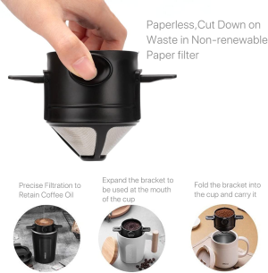 Reusable Pour over Coffee Maker, Stainless Steel Cone Coffee Dripper Filter 1-2 Cup, Paperless with Collapsible Holders for Home Office Travel Camping