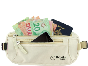 RFID Blocking Money Belt. Safe Waist Bag, Secure Belt for Men and Women by Boxiki Travel. Fits Passport, Wallet, Phone and Personal Items. Running Belt, Fanny and Waist Pack (Beige)