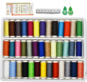 Maydahui Sewing Thread Assorted Spools 39 Color Kit for Sewing Machine Polyester 402 (200 Yards Each) + 16PCS Sewing Needles + 1PC Soft Measuring Tape + 2PCS Needle-Threaders (Pack of 72)