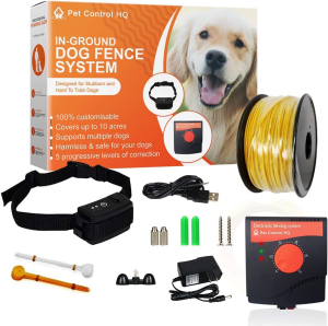 Wireless Electric Dog Fence System by Pet Control HQ, Safe Electric Pet Containment System Including an Adjustable Waterproof Rechargeable Dog Shock Collar with Receiver, Hidden Wire Fence, 5 Correction Levels, 10 Acres, CE (2 Shock Collar with Receiver)