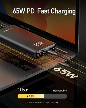 VEEKTOMX 65W Laptop Power Bank, 20000Mah Fast Charging Macbook Portable Charger Extra 100W (5Ft) USB C to C Charging Cable with PD 3.0 & QC 3.0 Compatible with Iphone/Samsung/Steam Deck/Tablet/Dji