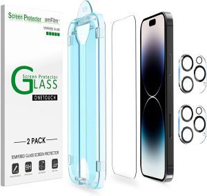 [2+2 Pack] Amfilm Onetouch for Iphone 14 Pro Max 6.7″ Glass Screen Protector with Camera Lens Protector. Easiest to Installation, Bubble Free, Full Coverage Case Friendly