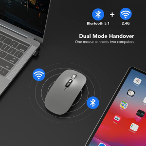 Bluetooth Mouse, Akrobo Rechargeable Wireless Mouse with Dual Mode (Bluetooth 5.1 + 2.4G Wireless),Ergonomic Portable Silent Computer Mouse for Laptop Android Windows Mac OS, Smoothgrey