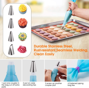 Silicone Baking Mat Macaron Mat Kit(16Pcs Set) Macaroon Baking Mat Set of 2 Half Sheet Macaron Silicone Mat Nonstick Macaron Mat Sheet,6 Piping Tip,2 Piping Bag with 2 Bag Tie,1 Coupler (11.6″X16.5″)