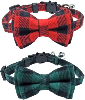 2PCS Breakaway Bowtie Pet Collar with Bell(Red&Green Plaid Style),Christmas Dog Collar with Bow, Christmas Plaid Dog Bow Tie, Adjustable Cotton Red Bowtie Dog and Cat Valentine’S Day Collars for Kitty, Puppy, Dogs,Small Pets