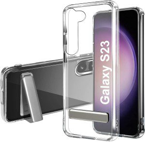 T Tersely Clear Stand Case Cover for Samsung Galaxy S23, with Metal Kickstand, Crystal Clear Scratch-Resistant Hard Back Slim Cover, Wireless Charging Compatible