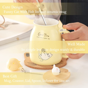 Cat Mug Cute Ceramic Coffee Cup with Lovely Kitty Wooden Lid Stainless Steel Spoon,Novelty Morning Cup Tea Milk Christmas Mug 380ML (Yellow)