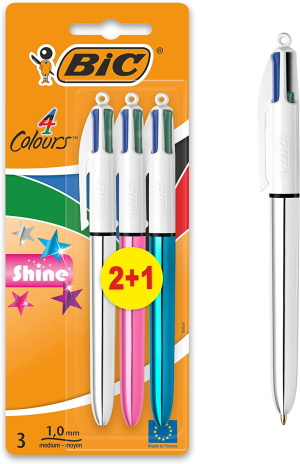 BIC 4 Colours Shine Retractable Ball Pens Medium Point (1.0 Mm) – Assorted Barrel Colour, Pack of 1 Pen (110561175)