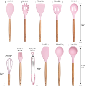 ZCOINS 18+6 PC Silicone Cooking Utensils Set with Wooden Handles & Holder Kitchen Gadgets Kitchen Utensil Set, Pink Collection