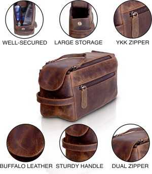 Komalc Premium Buffalo Leather Unisex Toiletry Bag Travel Dopp Kit Distressed Tan