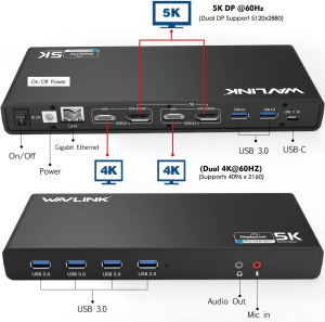 WAVLINK USB C/USB 3.0 Universal Docking Station Single 5K Dual 4K Display, 2Xhdmi, 2Xdisplayport, 6Xusb3.0, USB-C, Gigabit Ethernet, Audio&Mic, USB C Dock for Windows or Mac OS, No Power Charging