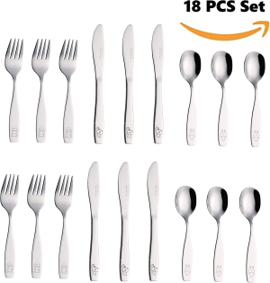 Exzact Childrens Cutlery Set 18Pcs Stainless Steel Kids Cutlery/Toddler Utensils/Flatware – 6 X Forks, 6 X Safe Dinner Knives, 6 X Dinner Spoons – Engraved Dog Cat Bunny