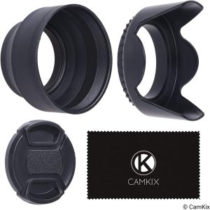 Set of 2 Camera Lens Hoods and 1 Lens Cap – Rubber (Collapsible) + Tulip Flower – Sun Shade/Shield – Reduces Lens Flare and Glare – Blocks Excess Sunlight for Enhanced Photography and Video Footage