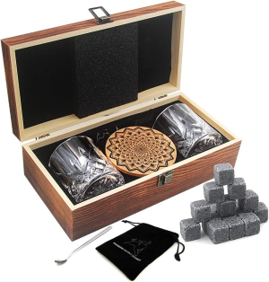 Whiskey Stones Gift Set – Whiskey Glass Set – 16 Granite Whiskey Rocks, 2 Crystal Whiskey Glasses, Drinking Gifts for Men Dad Husband Birthday Party Holiday Present -Scotch Glasses in Wooden Box