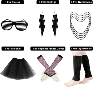 AUTOWT 80S Costumes for Women, 6 Packs 80S Accessories Set with Fishnet Gloves Earrings Necklaces Leg Warmers, Tutu Skirts for 1980S Theme Party Outfits