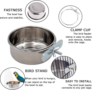 Tfwadmx 2 Pack Bird Feeding Dish Cups, Parrot Food Bowl Clamp Holder – Stainless Steel Coop Cup, Bird Cage Water Bowl for Parakeet African Greys Conure Cockatiels Lovebird Budgie Chinchilla