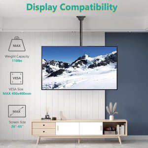 WALI TV Ceiling Mount Adjustable Bracket Fits Most LED, LCD, OLED and Plasma Flat Screen Display 26 to 65 Inch, up to 110 Lbs, VESA 400X400Mm (CM2665), Black