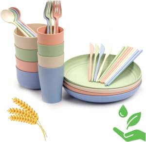 WFPOWER 28Pcs Wheat Straw Dinnerware Serving Set (Bowls, Cups, Plates, Chopsticks, Forks, Spoons) Perfect for Camping Picnic RV Dorm Lightweight Unbreakable Microwave & Dishwasher Safe (Plain)