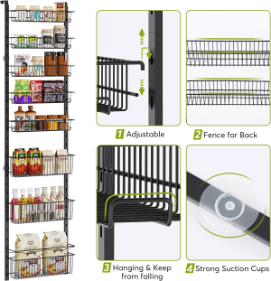 MOTYYA over the Door Pantry Organizer, 8-Tier Adjustable Baskets Pantry Organization and Storage, Metal Door Shelf with Detachable Frame, Space Saving Hanging Spice Rack for Kitchen Pantry Bathroom