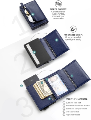 Credit Card Holder Genuine Leather Bifold Pop up Wallet with Banknote Compartment, ID Window & Coin Pocket(Cross Navy)