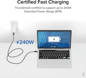 Plugable Thunderbolt 4 Cable with 240W Charging, Thunderbolt Certified, 3.3 Feet (1M),1X 8K Display, 40 Gbps, Compatible with USB4, Thunderbolt 3, USB-C