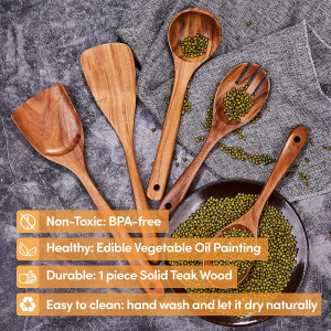 Wooden Cookware Set for Kitchen, Messon Handmade Natural Teak Cooking Spoon Wooden Spatula for Anti-Scorching Cookware7 Piece