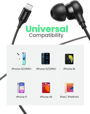 UGREEN Wired Headphones Mfi Certified Lightning Earbuds with Microphone and Volume Control Noise Cancelling Hifi Stereo in Ear Earbuds Compatible with Iphone 14 Pro Max/14 plus 13 Pro Max 12 11