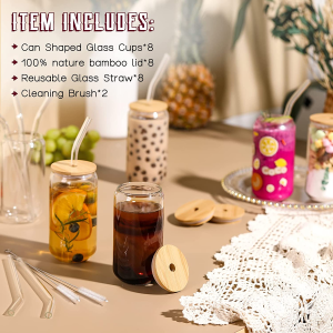 NETANY [ 8Pcs Set ] Drinking Glasses with Bamboo Lids and Glass Straw – 16Oz Can Shaped Cups, Beer Glasses, Iced Coffee Cute Tumbler Cup, Ideal for Cocktail, Whiskey, Gift 2 Cleaning Brushes