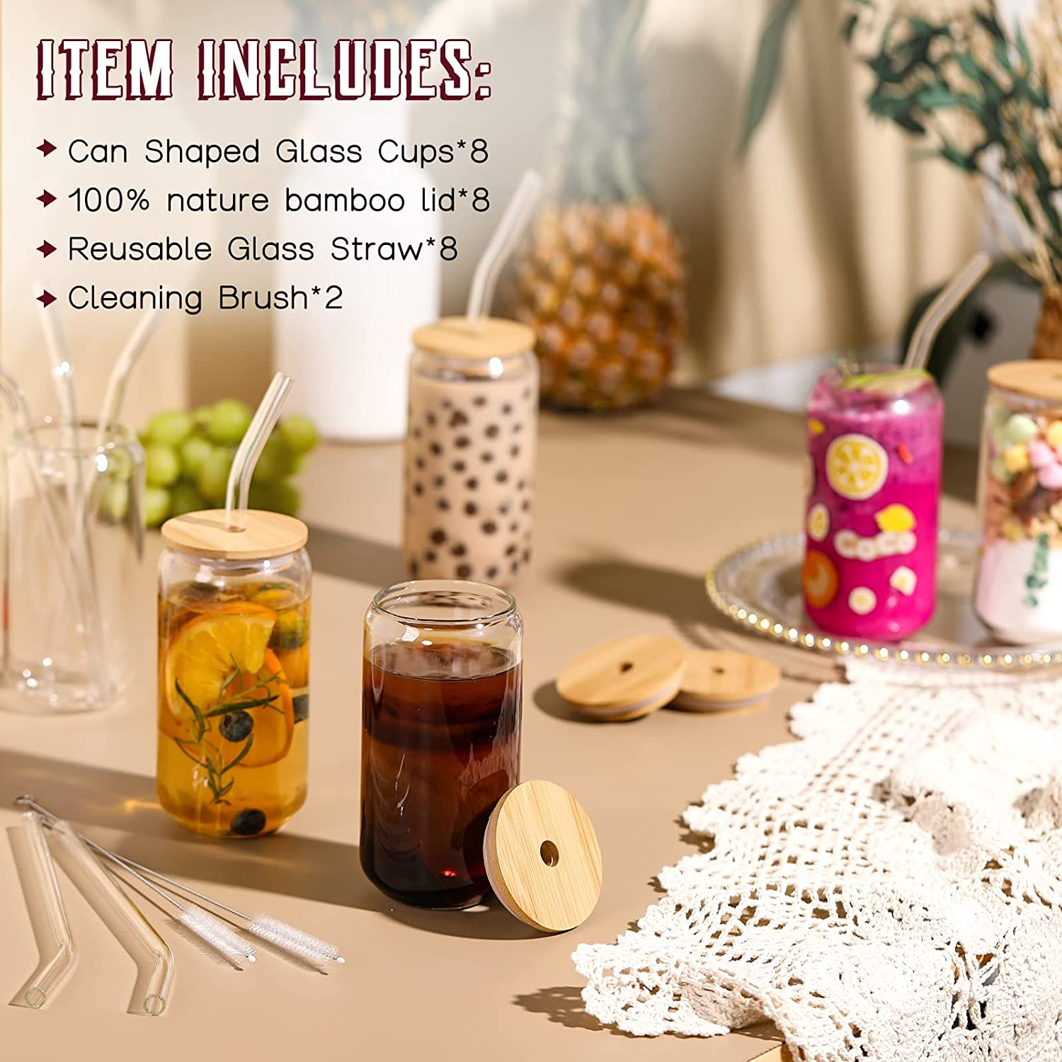 [ 8pcs Set ] Drinking Beer Glasses with Bamboo Lids and Glass  Straw - 16oz Can Shaped Glass Cups, Iced Coffee Glasses, Cute Tumbler Cup,  Ideal for Cocktail, Whiskey, Gift 