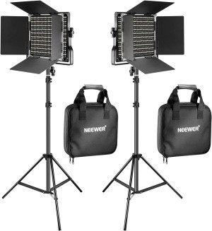 NEEWER 2 Pieces Bi-Color 660 LED Video Light and Stand Kit Includes:(2)3200-5600K CRI 96+ Dimmable Light with U Bracket and Barndoor and (2)75 Inches Light Stand for Studio Photography, Video Shooting