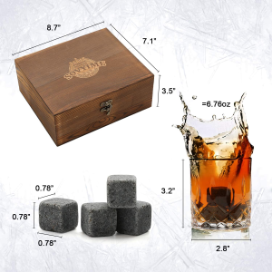 Whisky Stones Glasses Gift Set, 2 Crystal Bourbon Scotch Glasses 8 Whiskey Granite Chilling Rocks, Premium Wooden Gift Box Burbon Present for Whisky Lovers/Men/Christmas/Birthday/Holiday/Retirement/Father’S Day