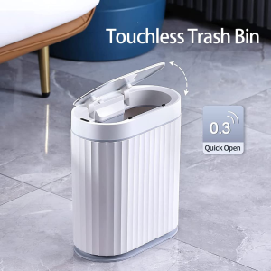 Smart Trash Bin with Lid, 7 Liter Slim Automatic Garbage Can, Waterproof Plastic Rubbish Bin Narrow Motion Sensor Wastebasket for Bedroom, Living Room, Kitchen, Office, Grey(No Battery)