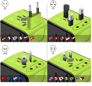 Disgian Travel Adapter, Universal International Power Adapter with 3USB Port and Type-C International Wall Charger Worldwide AC Power Plug for Multi-Nation Travel UK, EU, AU over 200 Countries (Green)