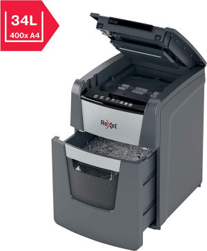 Rexel Optimum Auto Feed+ 100 Sheet Automatic Micro Cut Paper Shredder, P-5 Security, Home/Home Office, 34 Litre Removable Bin, 2020100MAU