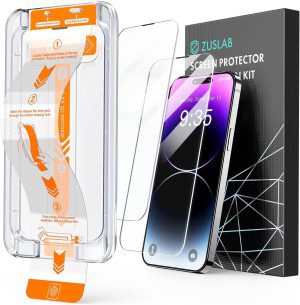 [2 Pack] ZUSLAB Iphone 14 / 13 Pro / 13 Screen Protector [Speaker Shield] [Dust Proof] [Bubble Free] [Anti-Fingerprint] [Full Coverage] Tempered Glass with Easy Auto-Align Install Kit Case Friendly for Apple