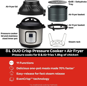 Instant Pot Duo Crisp + Air Fryer 11-In-1 Multicooker, 8L – Pressure Cooker, Air Fryer, Slow Cooker, Steamer, Sous Vide Machine & Baking Functions & Genuine Tempered Glass Lid, Clear 10 In. 8 Quart