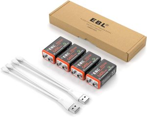 EBL USB Rechargeable 9V Lithium Batteries – 5400Mwh Long Lasting Li-Ion Batteries with Micro Charging Cable – Quick Charge in 2 Hours (4 Pack)