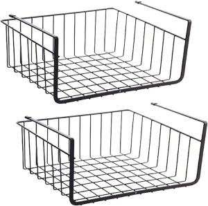 Under Shelf Storage Basket Cabinet Wire Organizer Fit Dual Hooks Kitchen Black 2 Pcs