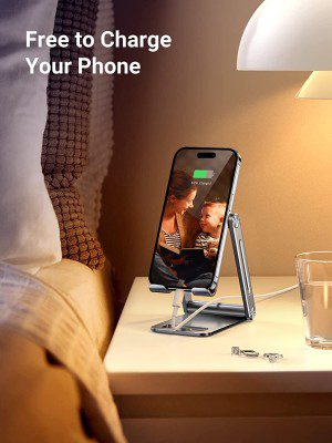 UGREEN Cell Phone Stand Adjustable Aluminum Mobile Phone Holder for Desk Compatible with Iphone 15 Pro Max 14 13 12 11 X 8 plus 6 7 6S, Samsung Galaxy S23 S22 S21 S20 S10 S9 Smartphone Foldable Grey