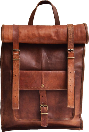 23″ Brown Leather Backpack Vintage Rucksack Laptop Bag Water Resistant Roll Top College Bookbag Comfortable Lightweight Travel Hiking/Picnic for Men