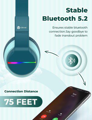 Iclever BTH12 Wireless Kids Headphones, Colorful LED Lights Kids Headphones with 74/85/94Db Volume Limited over Ear, 55H Playtime, Bluetooth 5.2, Built-In Mic for School/Tablet/Pc/Airplane (Green)