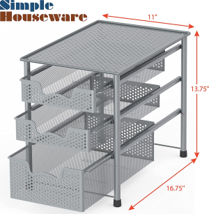 Simplehouseware Stackable 3 Tier Sliding Basket Organizer Drawer, Silver