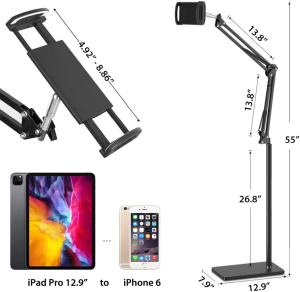 Tablet Floor Stand Holder Adjustable, Swivel Boom Arm Overhead Phone Mount, Compatible with Ipad Air Mini Pro 12.9/9.7, Galaxy Tab, Iphones, Cell Phones (4.7″-12.9″)