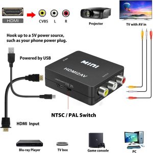 T Tersely HDMI to RCA, HDMI to AV, 1080P HDMI to 3RCA CVBS AV Composite Video Audio Converter Adapter Supports PAL/NTSC for PC Laptop HDTV Dvd-Black Downscaling [Extra HDMI Cable Included]