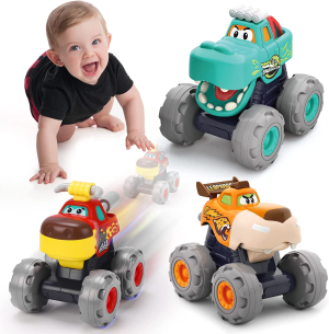 REMOKING Baby Toys Car for 1 2 3 Year Old,3 Pack Pull Back Friction Powered Push and Go Cars Toys for Toddler Boys Girls Baby Gift,Big Wheel Animal Truck Toy,Early Educational Toy for 12 18 Month Baby