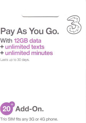 Three Mobile Sim Card 12GB of High-Speed Data + Unlimited Calls & Texts for 30-Days Free-Roaming – 71 Destinations Including All European Countries