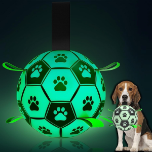 QDAN Glow in the Dark Dog Toys Soccer Ball with Straps, Interactive Dog Toys Puppy Birthday Gifts, Dog Tug Water Toy, Indoor/Outdoor Light up Dog Balls for Small & Medium Dogs（8 Inch Size 3）